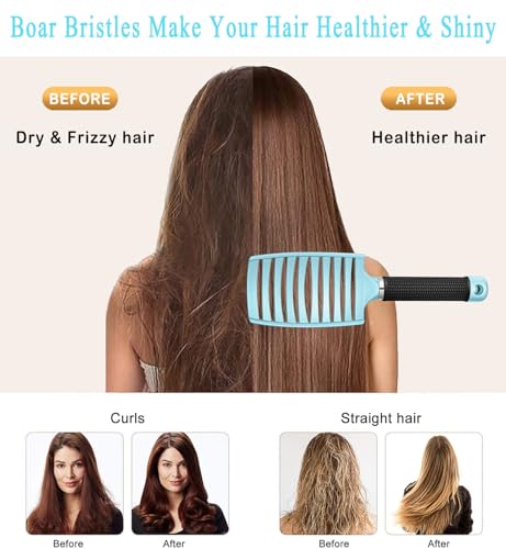 KTKUDY Detangling Brush Boar Bristles Hairbrush Make Hair Shiny & Healthier Curved and Vented Detangler Brush for Women Men Kids Wet and Dry Hair (light Blue) - color: light blue