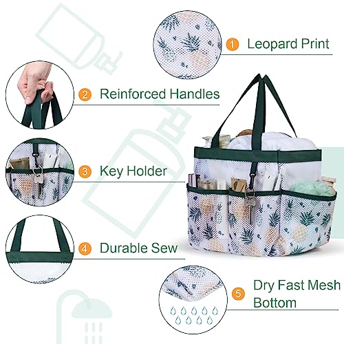 F-color Shower Caddy Portable - Mesh Shower Bag Basket Tote for College Dorm Room Essentials Bathroom Gym Camp Quick Dry for Women Men with S Hook, Green Pineapple | 2-Handle, Quick-Dry, Toiletry Organizer, College Dorm Room Essentials for Girls, Gym, Tra