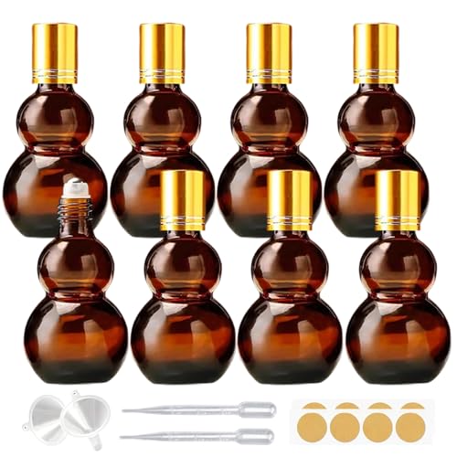 Essential Oil Roller Bottles, 30ML Amber Gourd Shaped Glass Roller Bottles with Stainless Steel Roller Ball, for Travel,Perfume (Amber-Gold Cap, 30ML) - color: Amber-Gold Cap, size: 30ML