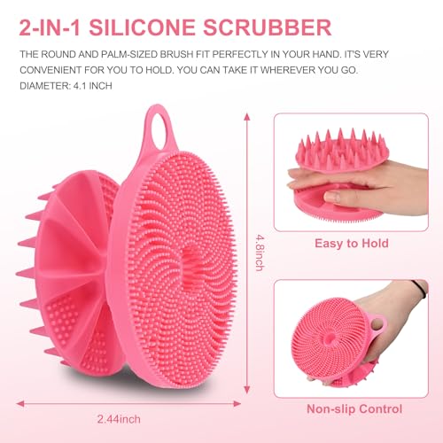 INNERNEED 2in1 Silicone Body Scrubber & Scalp Massager Shampoo Brush, Pink | Food-Grade Soft Material, More Hygienic, Easily Lather, Convenient for Travel, Gym, Business,etc - color: Pink