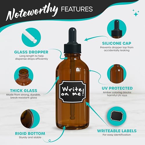 Nevlers Amber Glass Dropper Bottle 4oz 24 Pack Set | Tincture Bottles with Dropper , Labels, Marker, Funnel, Brush & Shrink Wrap | Glass Dropper for Oils | Amber Bottles 4 oz Kit - color: Amber
