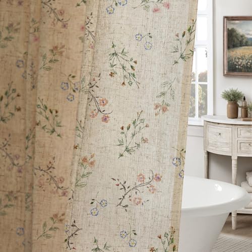 Floral Vintage Linen Shower Curtain, French Country Shower Curtains for Bathroom, 72Wx84H - color: Linen - Muted Garden, size: Extra Long 72"W x 84"L
