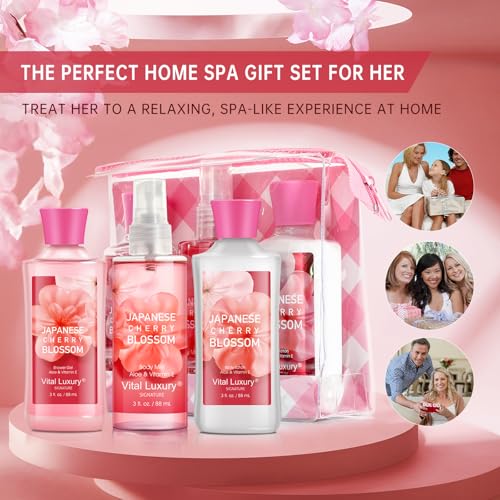 Self Care Gift Set for Women - 3PC Japanese Cherry Blossom Spa Travel Set with Shower Gel, Lotion & Body Mist - Luxury Bath Gift Set for Mother's Day, Birthday, or Anniversary
