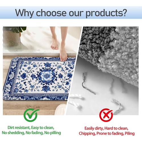 Bath Mat 29.5"x17", Blue Vintage Mandala Floral Slim Low-Profile Fast Drying Super Absorbent Bathroom Rug with Non-Slip Backing, Easy-Clean Modern Floor Mat for Tub, Shower, or Entryway - color: Blue Vintage Mandala Floral