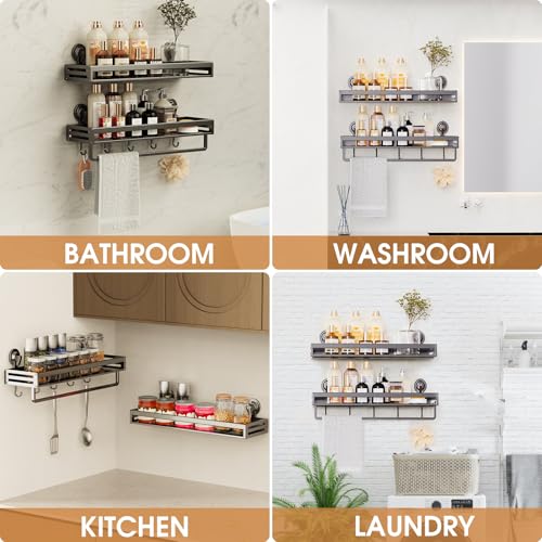 Suction Cup Shower Caddy, 11.8 inch Extended Version, with 5 Hooks & Towel Rrack, No Drilling Required, Rust-Resistant Bathroom Shower Organizer,Dark Grey - size: 11.8 inches