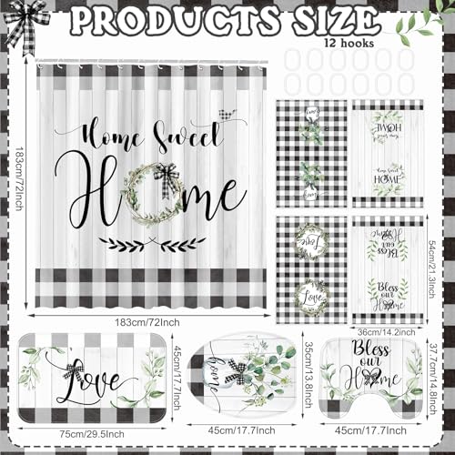 FuWeave 8 Pcs Black and White Shower Curtain Sets for Home Bathroom Green Eucalyptus Decor Rustic Plaid Bathroom Accessories Shower Curtain Sets with Towels Carpet Bath Mat Toilet Rugs and 12 Hooks - color: Home
