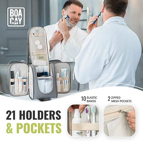 BOACAY Hanging Travel Toiletry Bag for Women and Men, Makeup Bag, Bathroom & Shower Organizer Kit for Accessories, Cosmetics, Travel Essentials - color: (M) Quartz Gray - Beige Interior