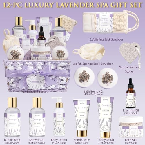 Mothers Day Birthday Gifts for Women, Lavender Relaxing Spa Gift Baskets for Women Self Care Package Bath Gift Set, Home Bath and Body Kit Pamper Gifts for Womens Her Mom Friends Wife Girlfriend Wife - color: Purple-Lavender