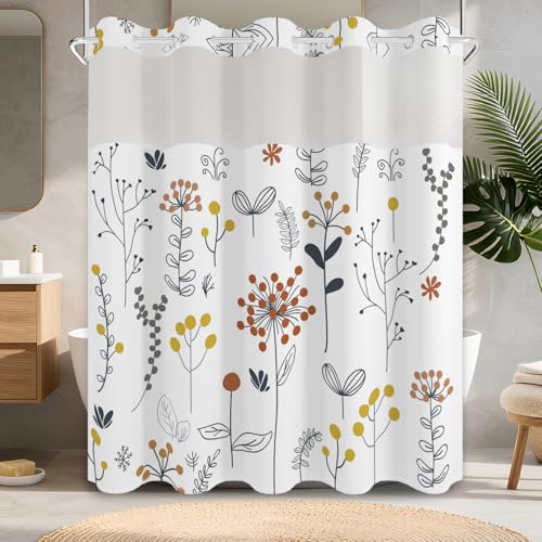 No Hook Shower Curtain with Snap in Fabric Liner Set, Waterproof & Washable, Farmhouse Cute Floral Shower Curtains for Bathroom, Spring Summer Botanical Plants Bathroom Curtain, House Gift, 71x74 inch - color: Hand-drawn Botanical