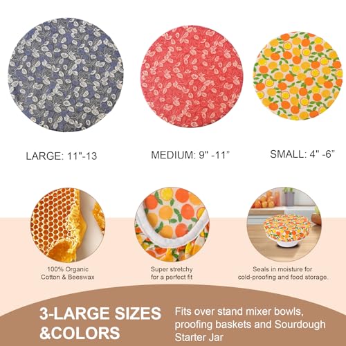 Reusable Bowl Covers for Bread Proofing - Beeswax Bowl Covers Reusable 3 Set, Cotton Blend Stretch Design, Fits 4-13 Inch Bowls, Shower Caps for Sourdough Bread, Dough Proofing & Food Storage（Leaves） - color: Leaves