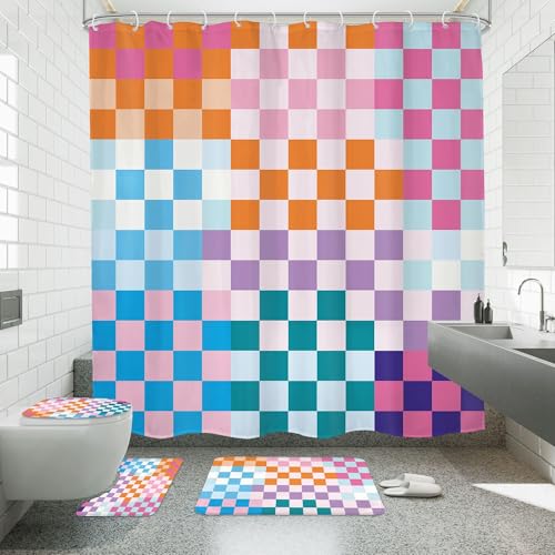 4 PCS Kids Colorful Checkered Shower Curtain Set 72Wx72H Cute Girly Retro Funky Girl Bathroom Set Non-Slip Bath Rug Toilet Lid Cover U Shape Mat Bathtub Accessories with 12 Hooks Bathroom Decor - color: G 01colorful, size: 72"W x 72"L (Pack of 4)