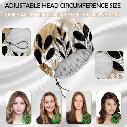 2 PCS Shower Cap Reusable Waterproof Adjustable Double Layer Elastic Dry Hair Bathing Caps Aesthetic Cute for Women Girls-Leaf Cowhide - color: H-17-Leaf Cowhide