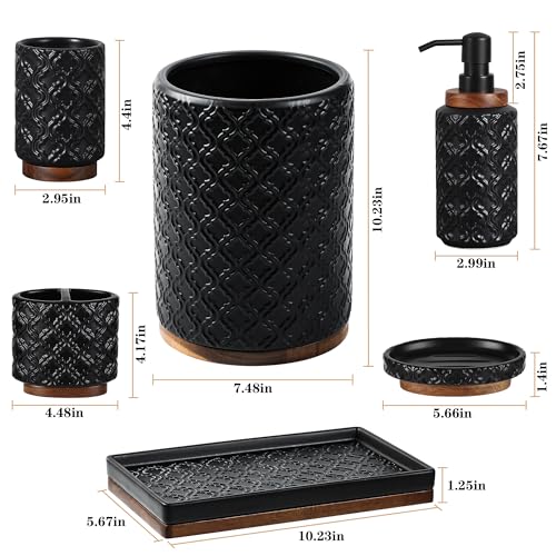 RQYIXI Elegant Bathroom Accessories Set 6 PCS Ceramic and Wood Bathroom Accessory Set Soap Dispenser Toothbrush Holder Tumbler Soap Dish Tray Trash Can Easy to Clean Quatrefoil Pattern Black - color: Black Trash Can