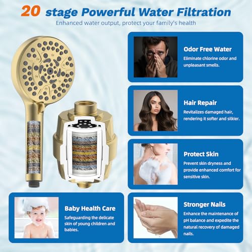 Hibbent cUPC Certified 13'' Shower Head Combo, High Pressure 5 Spray Rainfall Showerhead, 10 Spray Handheld, All Metal Easy Reach 4-way Diverter Arm with Pause Mode, 71'' Hose and Holder, Brushed Gold - color: Brushed Gold, style: Square 13" with filter