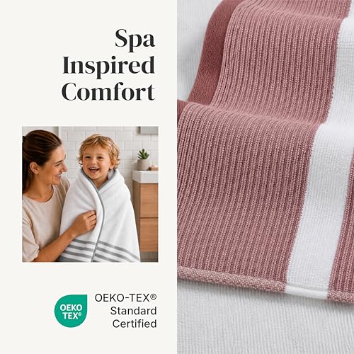 Modern Threads 6-Piece Towel Set – 100% Cotton, Quick Dry, Ultra Absorbent – Includes 2 Bath, 2 Hand, 2 Washcloths (White/Reinhart Rose) - color: Rose, style: Classic Stripe