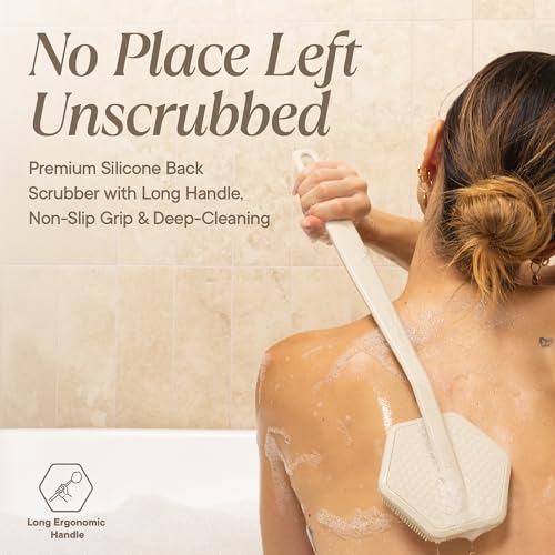 TOOLETRIES Silicone Back Scrubber for Shower with Hook - Sand | Long ergonomic bath brush with a non-slip grip for exfoliating and reaching hard-to-reach areas comfortably. - color: Sand