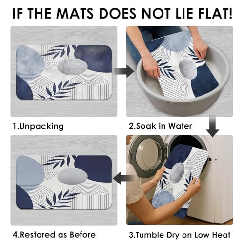 Boho Navy Blue and Grey Shower Curtain Set with Toilet Lid Cover and Non-Slip Rugs, Modern Minimalist Geometric Mid Century Abstract Leaf 4 Pcs Shower Curtain for Bathroom Set with 12 Hooks - color: Retro Blue