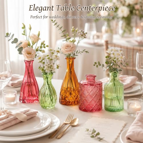 TBWIND 12 Pcs Colorful Glass Bud Vase Set, Vintage Textured Small Flower Vases for Centerpieces, Wedding Table Decor, Home Party Decorations & Gifts - color: Multicoloured -12pcs, size: 12Pcs