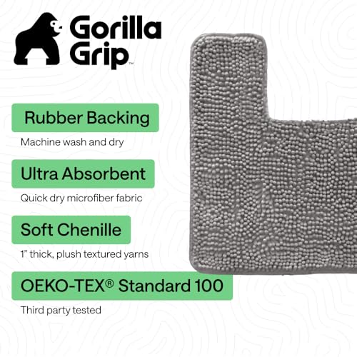GORILLA GRIP Plush Absorbent Shaggy Chenille Bath Rug Mat for Square Toilet Base with Rubber Backing, Machine Washable Rugs, Soft Microfiber Contour Mats for Toilets, Bathroom Decor, Grey - color: Grey, size: 24" X 19" Square Contour