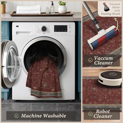 JTJ 3 Piece Kitchen Rug Set, Burgundy Vintage Washable Kitchen Mats, Non-Slip Low Pile Floor Rugs with Stain Resistant Surface for Kitchen Sink, Runner, Laundry Room and Hallway - color: Burgundy