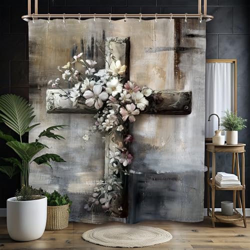 Miyotaa Abstract Cross Bless Shower Curtain Set 60Wx71H Inches Farmhouse Rustic Minimalist Neutral Brush Stroke Waterproof Bathroom Curtain with 12 Hooks - color: Rustic Cross, size: 60"W x 71"L (Pack of 1)