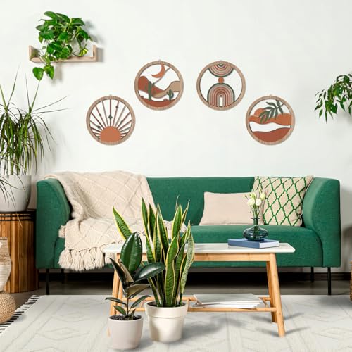 HPNIUB 4 Pcs Boho Wall Art Decor, Bohemian Geometric Hanging Wood Sign for Living Room, Aesthetic Abstract Desert Cactus, Minimalist Farmhouse Botanical Wooden Plaque for Apartment Bedroom(10''x10'') - color: Bohemian geometric