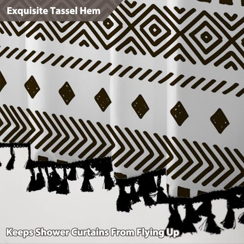 AOFOTO Bohemian Shower Curtain Black and White Geometric Design Shower Curtains with Black Tassel Boho Pattern Shower Curtains for Bathroom Waterproof Fabric Bath Curtain Sets with Hooks 70x70 Inches - color: Black Stripe, size: 70"W x 70"L (Pack of 1)
