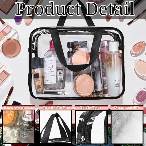 4 Packs Large Clear Cosmetic Bag, Waterproof Clear Makeup Toiletry Organizer Pouch, Reusable PVC Plastic Storage Bags with Zipper for Travel - color: Black
