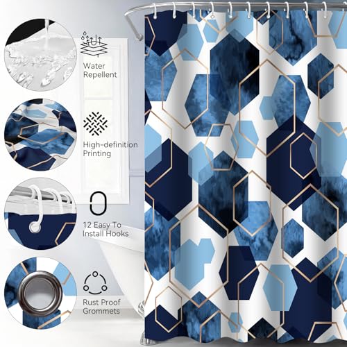 4Pcs Navy Blue Geometric Shower Curtain Set, Neutral Modern Art Deco Shower Curtain with Hooks, Elegant Trendy Simple Bathroom Sets with Shower Curtain and Rugs, 71 * 71in - color: Navy Blue