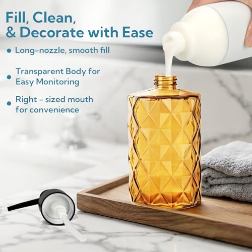 3 Pack Glass Soap Dispenser with Plastic Pump, 12oz Hand Soap Dispenser for Hand Wash, Lotion Dispenser for Dishwashing Liquid, Lotion Shower Gel - color: Orange Diamond*3