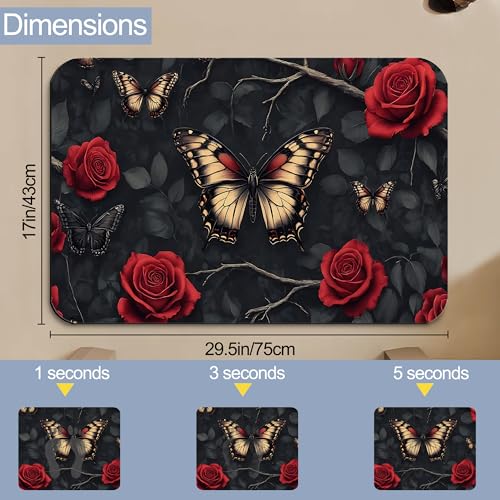 Gothic Butterfly Bathroom Rugs, Non Slip Quick Dry Red Rose Flower Bath Mats for Bathroom, Super Absorbent Diatomaceous Bathmat for Home Kitchen Thin Floor Doormat 17 X 29.5 Inch - color: Gothic Butterfly