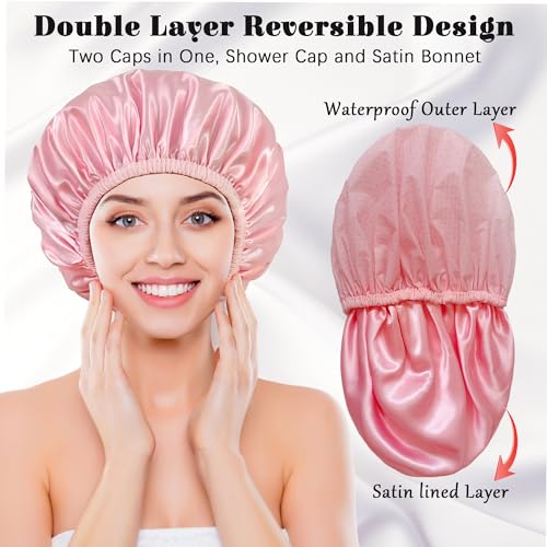 Shower Cap for Women, Shower Caps Reusable Waterproof, Large Plastic Satin Lined Shower Cap for Braids Long Hair - color: Pink grid