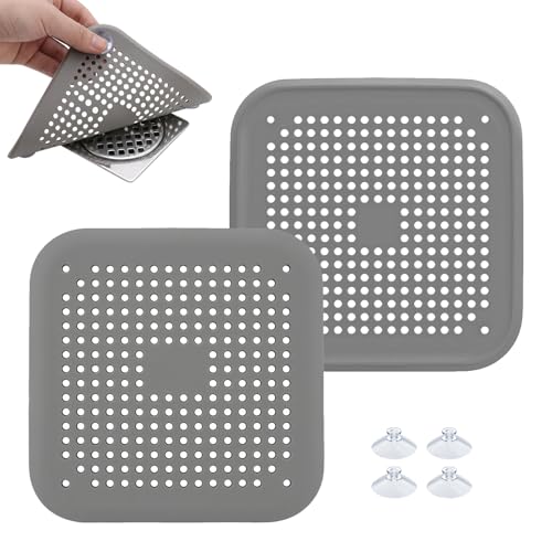 Silicone Drain Hair Catcher 2 Pack, Square Shower Drain Cover with Suction Cups, Hair Stopper for Bathroom Bathtub Sink and Kitchen, Easy to Install and Clean, Clog Preventing Strainer, No-Rust