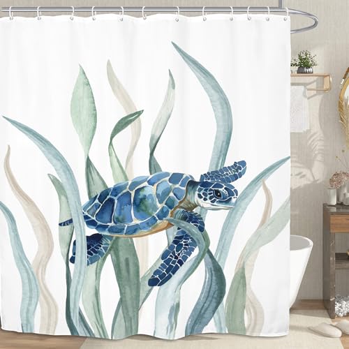 Turtle Seaweed Shower Curtain 60Wx72L Inch Sea Ocean Underwater Undersea Blue Green Watercolor Bathroom Set Accessories Decor with 12 Pack Hooks - color: Blue Green, size: 60"W x 72"L (Pack of 1)