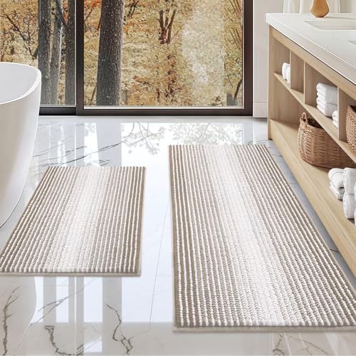 BSICPRO Bathroom Rugs and Mats Sets, 2 Piece Thick Absorbent Chenille Non Slip, Soft Shaggy Floor Mats, Machine Washable (Light Taupe, 20" x 47" Plus 16" x 24") - color: Light Taupe, size: 20" x 47" Plus 16" x 24"