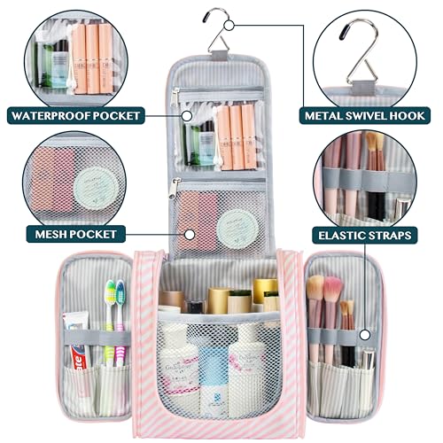 PAVILIA Toiletry Bag Travel Bag for Women Men, Hanging Cosmetic Organizer, Water Resistant Makeup Bag for Accessories Toiletries, Large Travel Essentials Kit (Pink Stripe) - color: Pink Stripe, size: Standard (9x4x9)