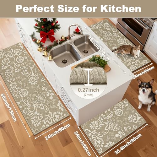 LOKHOM Boho Kitchen Rugs Sets of 3, Non Slip High-Low Textured Kitchen Mats for Floor with Rubber Backing, Paisley Floral Washable Carpet Runner for Hallways Entryway Laundry Sink (Beige & White) - color: Beige, size: 24"x35"+24"x48"+24"x60"