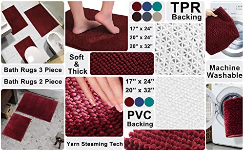 Urvoix Bathroom Rugs Set - 3 Pieces Ultra Soft Non-Slip Bath Mats, Chenille Absorbent Bath Rugs for Bathroom, Tub and Shower (Burgundy) - color: Burgundy