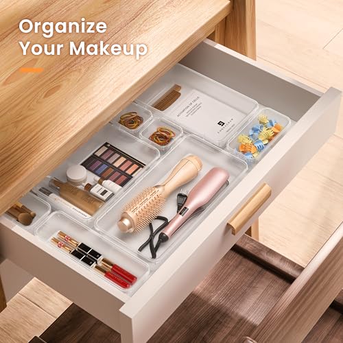 A-LuGei 【Military Grade】 Drawer Organizer,【𝟱𝗦𝗶𝘇𝗲】 Makeup organizer,【Holds 177 Items】 Bathroom Organizers and Storage,Organization and Storage,Desk Drawer Organizer for Vanity【Clear】 - color: Clear