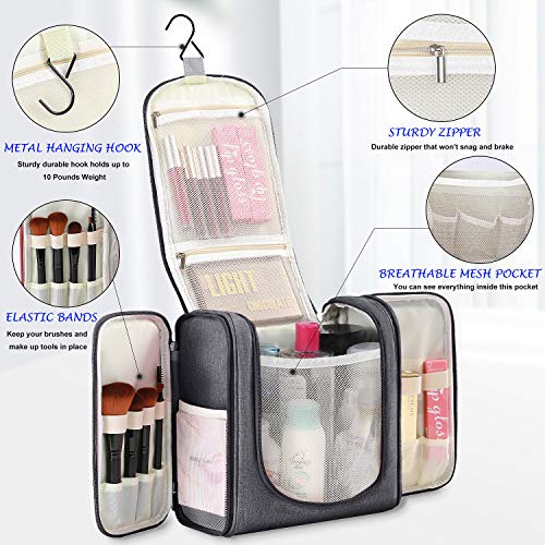 Freegrace Extra Large Hanging Toiletry Bag for Men and Women - Water-Resistant Nylon Travel Bathroom Organizer for Cosmetics, Makeup, and Toiletries - color: Dark Grey