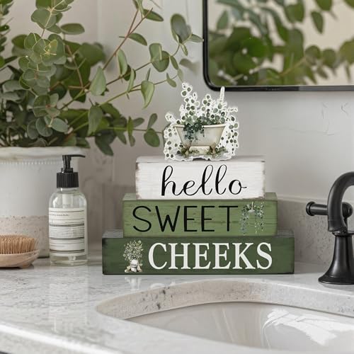 Cinnvoice 4 Pcs Eucalyptus Bathroom Decor Farmhouse Bathroom Decoration Hello Sweet Cheeks Table Centerpiece Gift for Christmas Valentines Back to School - style: Eucalyptus Hello Sweet Cheeks