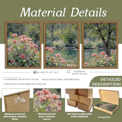 Framed Monet Wall Art Set of 3, Impressionist Botanical Floral Canvas Wall Decor, Vintage Cottagecore Artwork Paintings, Nature Landscape Flowers Prints Pictures for Living Room Bedroom 12x16 Inch - color: Green Flower Lake, size: 16"L x 12"W