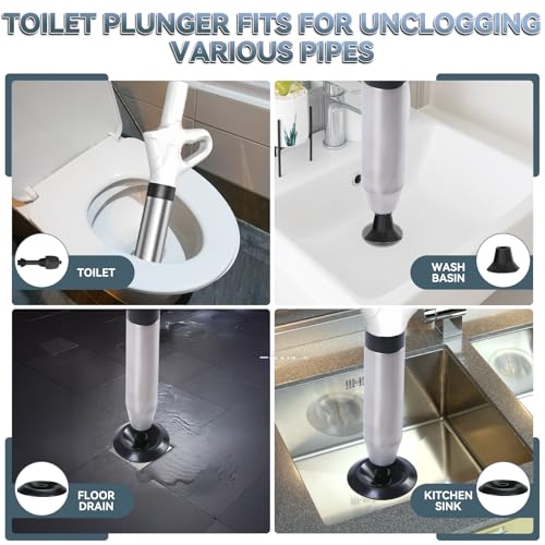Toilet Plunger, High Pressure Drain Unclogger Plungers with Pressure Gauge, toilet auger Air Drain Blaster, Versatile Heavy Duty Clog Remover for Bathroom, Kitchen, Floor Drain (White) - color: White
