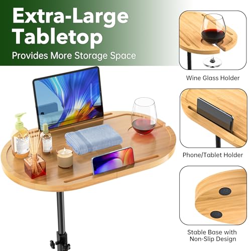NiHome Bamboo Large Swivel TV Tray Table with Thickened Stable Non-Tipping Base, Adjustable Height Couch Table Tray, End Table, Bathtub Side Tray Table 360° Rotating for Hot Tub Bedside Sofa Balcony - size: Large