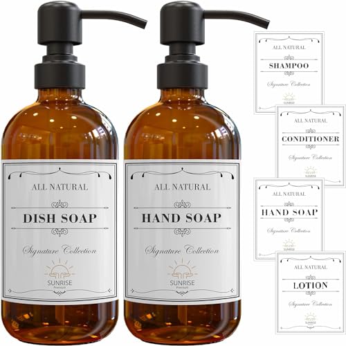 Sunrise Premium 2 Pack Amber Glass Soap Dispenser 16 OZ with Matte Black Stainless Steel Pump, Hand and Dish Soap Dispenser Set for Bathroom and Kitchen Sink with 6 Waterproof Labels - color: Matte Black Ss Pump - Amber Glass