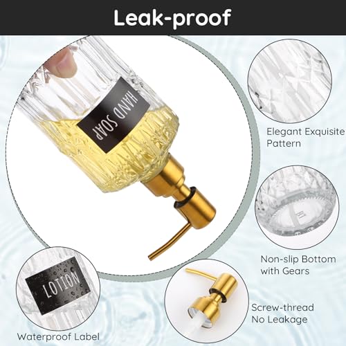 Segbeauty 15.2oz Glass Hand Soap Dispenser Bathroom, 2pcs Clear Glass Pump Dispensers for Countertop, 450ml Gel Lotion Liquid Bottles with Stainless Steel Pump, Body Wash Shampoo Conditioner Container - color: Clear Gold, size: 15.2oz/450ml