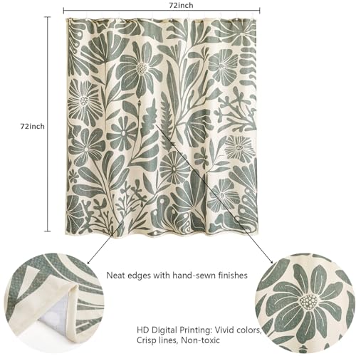 RoomTalks Vintage Floral Faux Linen Shower Curtain Extra Long 78 Inches - 210GSM Heavy Duty Modern Farmhouse Matisse Flowers Plants Botanical Shower Curtain Set Aesthetic Bathroom Decor - color: Beige and Greenish, size: 72"W x 78"L (Pack of 1)