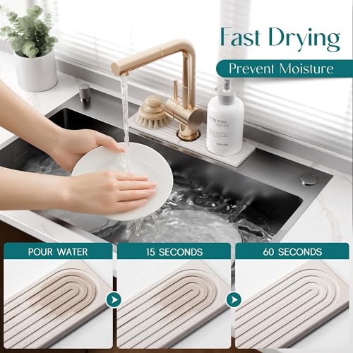eormoe Diatomite Kitchen Faucet Mat - 14Inch Water Absorbing Stone Tray for Sink, Stone Fast-Drying Faucet Mat for Kitchen Counter Sink Accessories (Light Grey, 14'' x 3.9'') - color: Light Grey, size: 14" x 3.9"