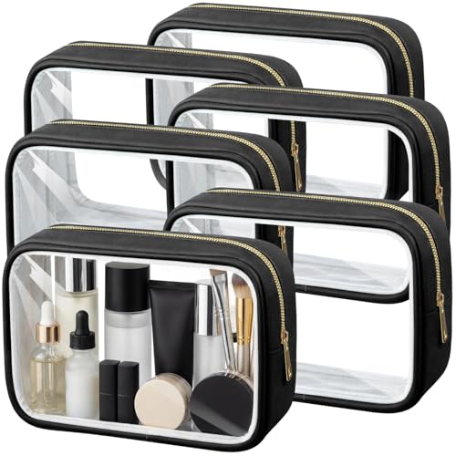 Abbylike 6 Pcs Clear Makeup Bags Bulk PU Leather Cosmetic Pouches Transparent Toiletry Bags with Zipper Waterproof Purse Skincare Car Organizer for Girl Women Travel Gifts(Black) - color: Black