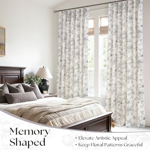 Black Floral Pleated Linen Curtains 84 Inches Long 2 Panels Farmhouse French Country Black Sketch Peony Lily Flower Pattern Printed Drapes for Living Room Bedroom Semi Sheer Botanical Curtain - color: Black, size: 40"W x 84"L (Pack of 2)